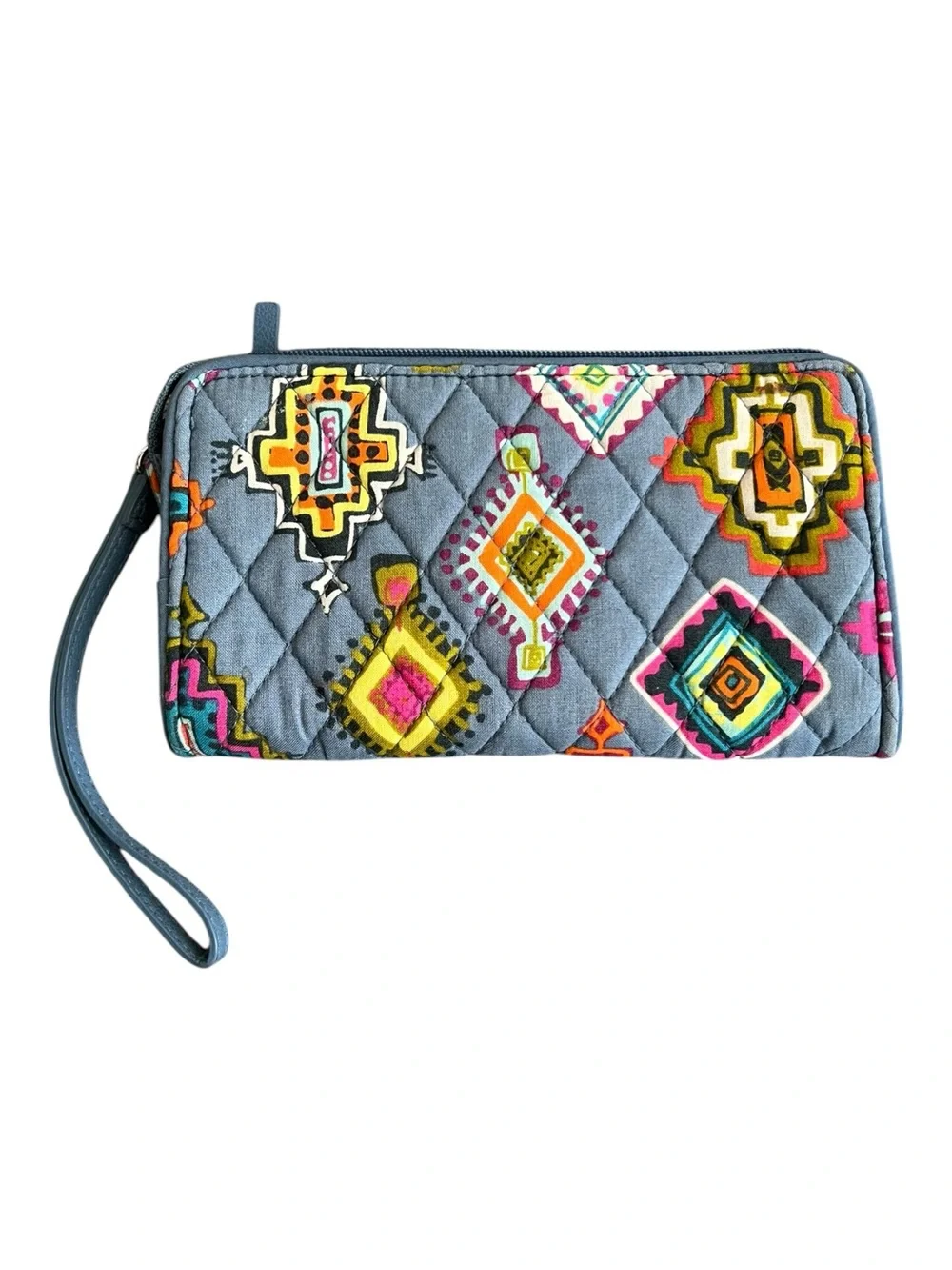 Vera Bradley Gray Blue Quilted Wristlet Wallet with Geometric Print